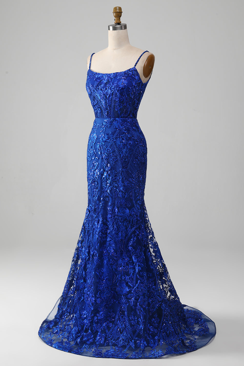 Robe de bal longue sirène bleu roi pailletée à bretelles spaghetti avec applications
