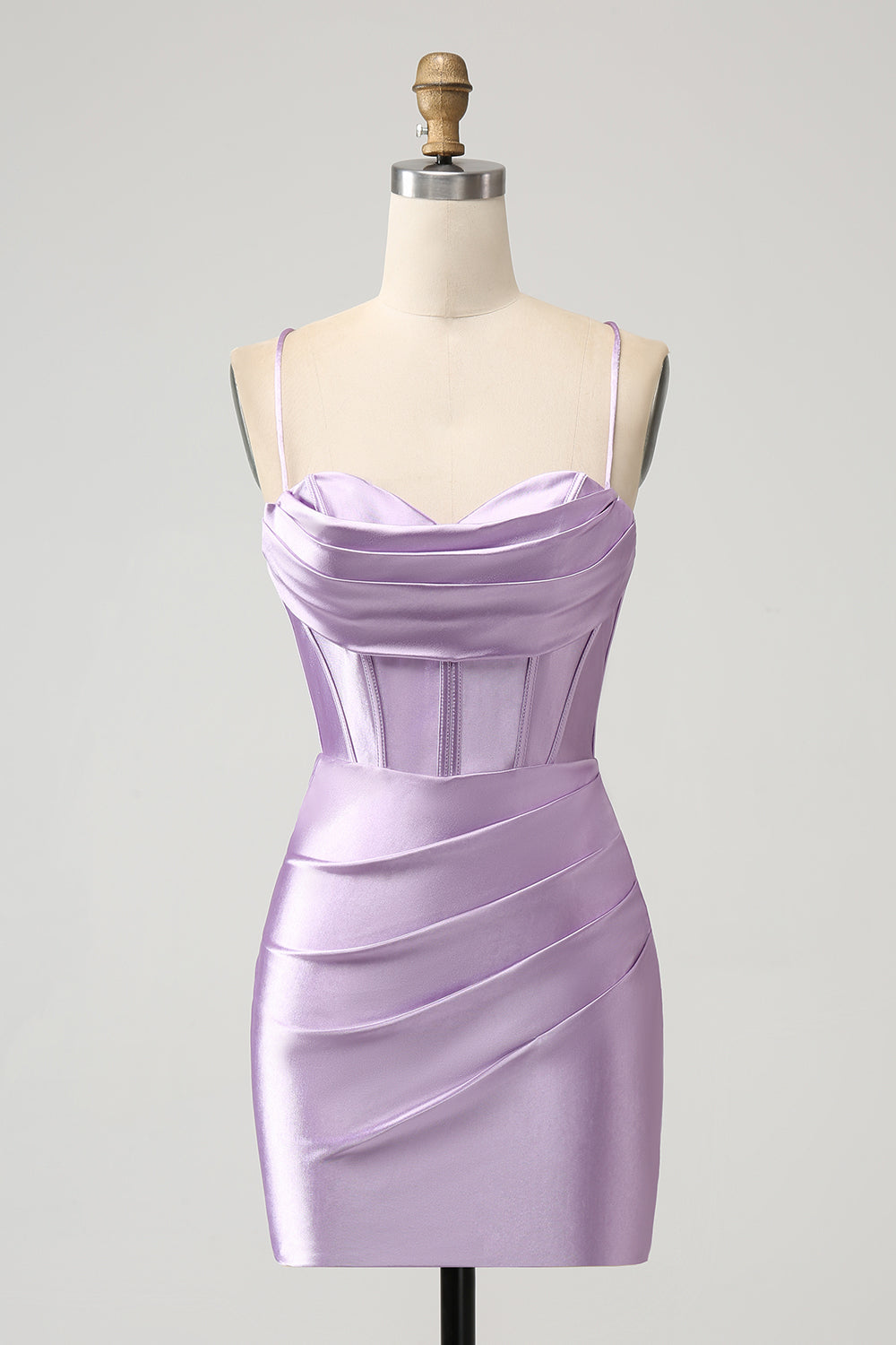 Robe Courte de Soirée Satinée Corset Bretelles Fines Lilas