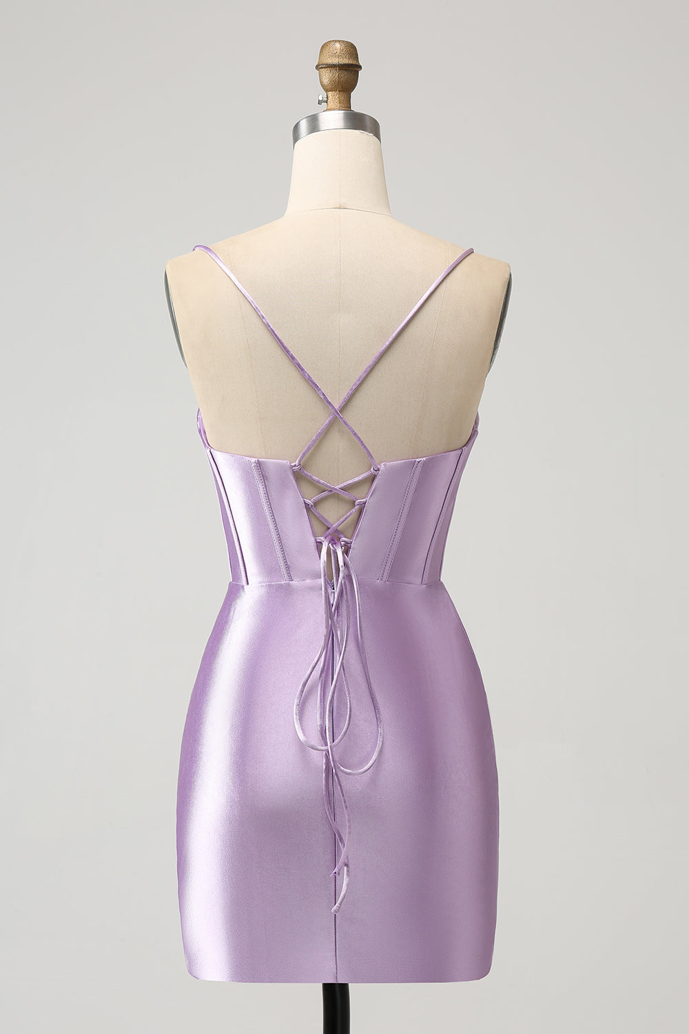 Robe Courte de Soirée Satinée Corset Bretelles Fines Lilas