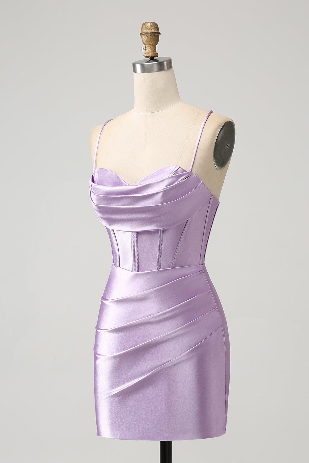 Robe Courte de Soirée Satinée Corset Bretelles Fines Lilas