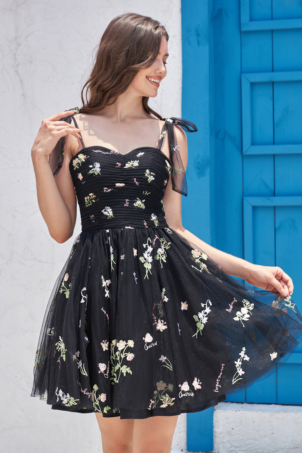 Grey Blue Short A-Line Graduation Dress with Embroidery