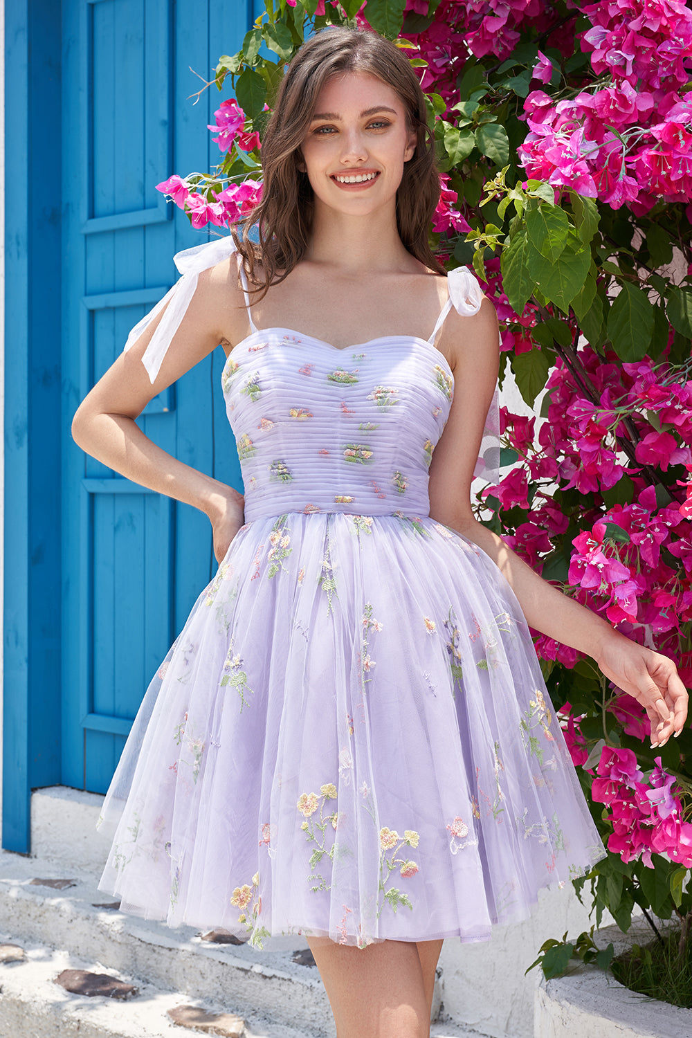Grey Blue Short A-Line Graduation Dress with Embroidery