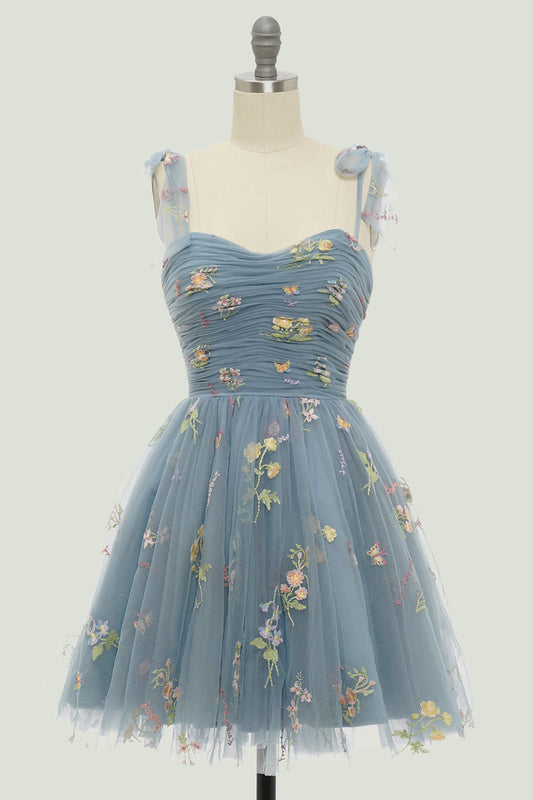 Grey Blue Short A-Line Graduation Dress With Embroidery