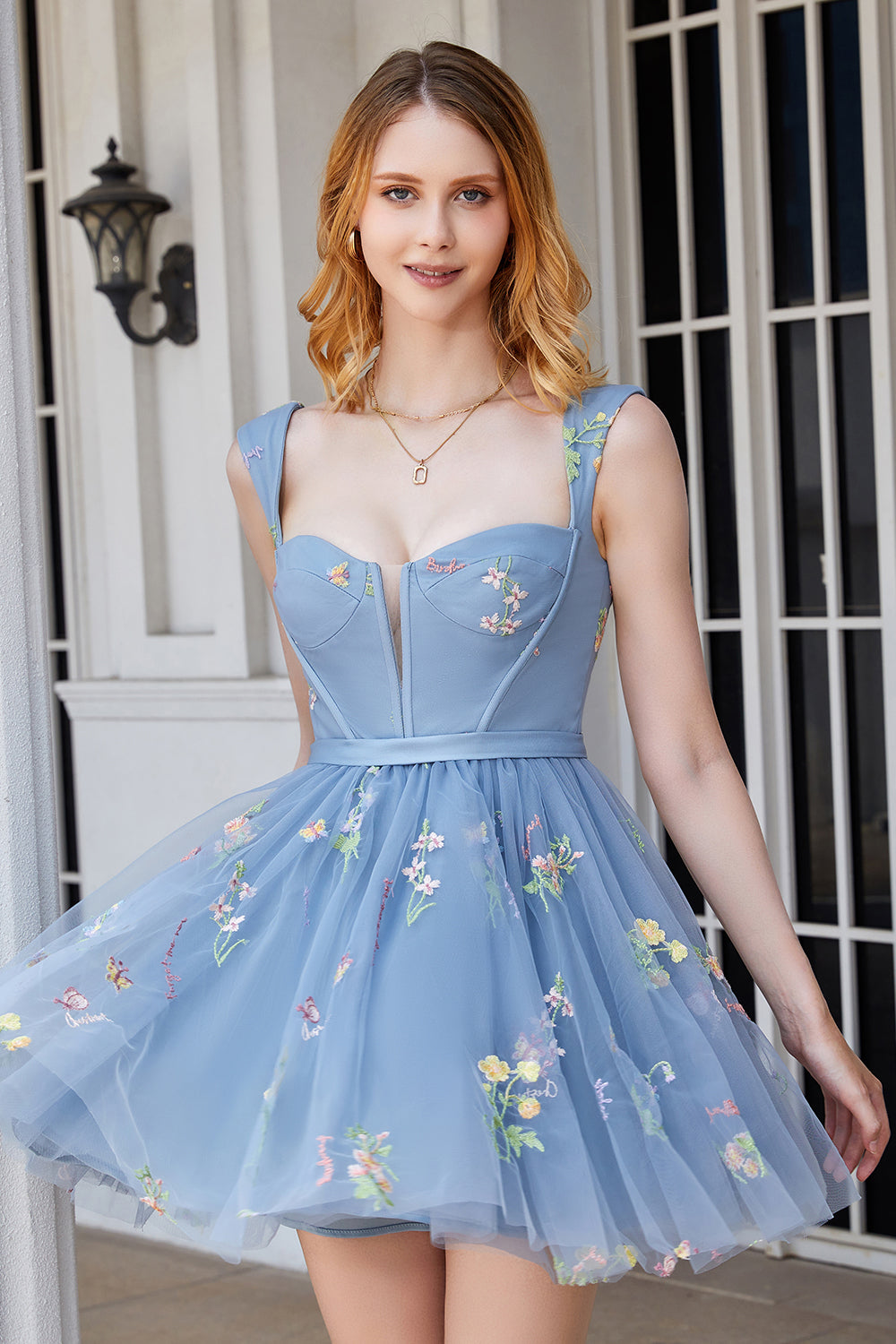 Cute A-Line Sweetheart Grey Blue Short Graduation Dress with Embroidery