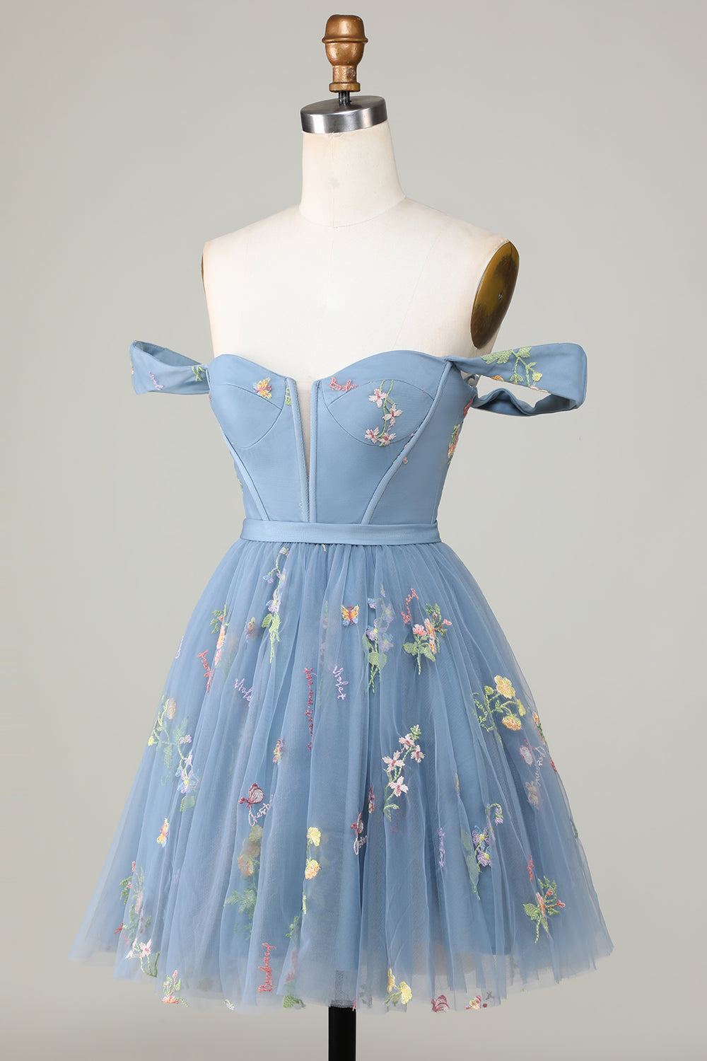 Robe Courte de Cérémonie de Remise de Diplôme Ligne A Cœur Gris Bleu Mignon avec Broderie
