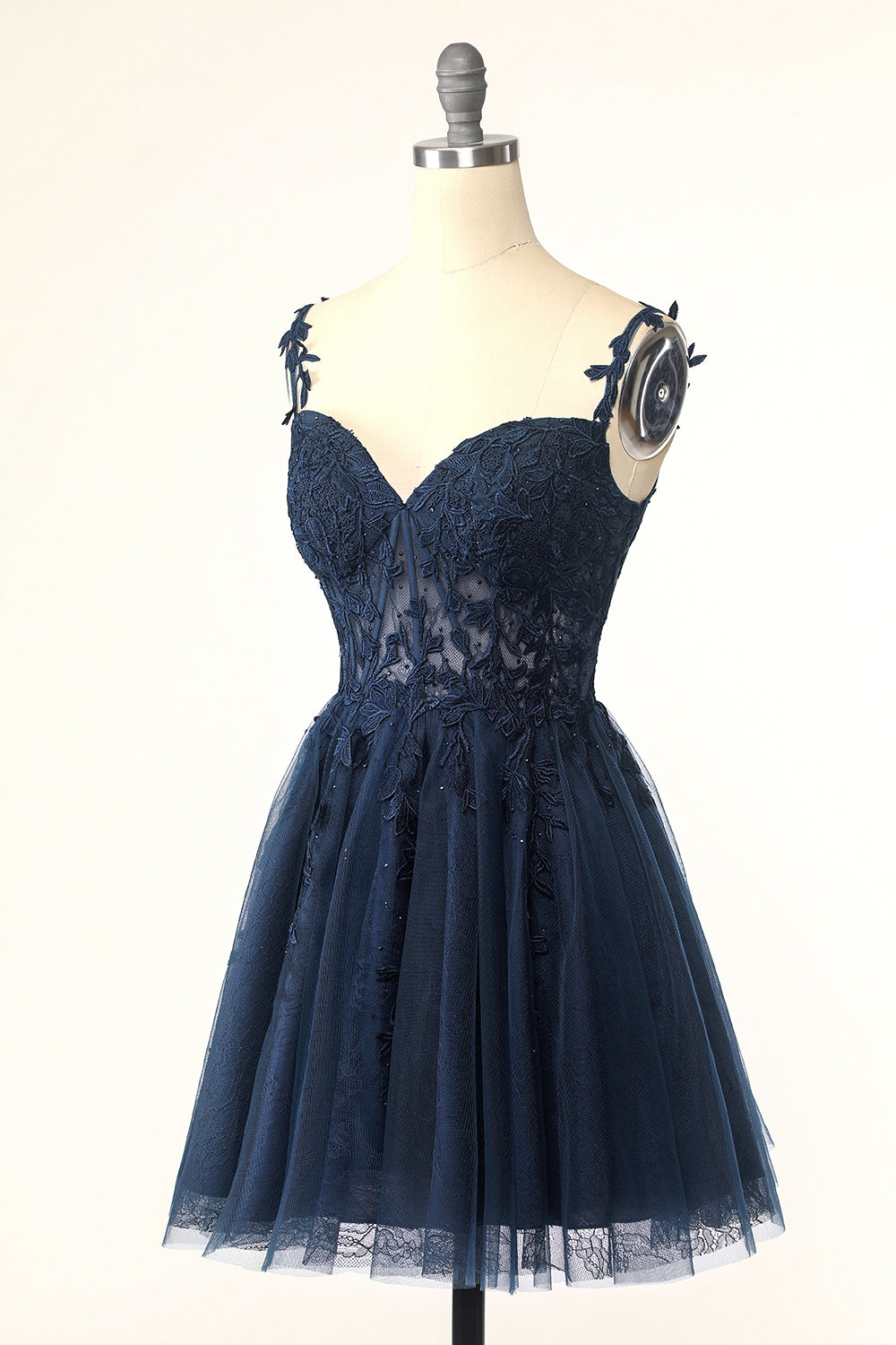 Robe de bal courte menthe en ligne A unique avec bretelles spaghetti et appliques