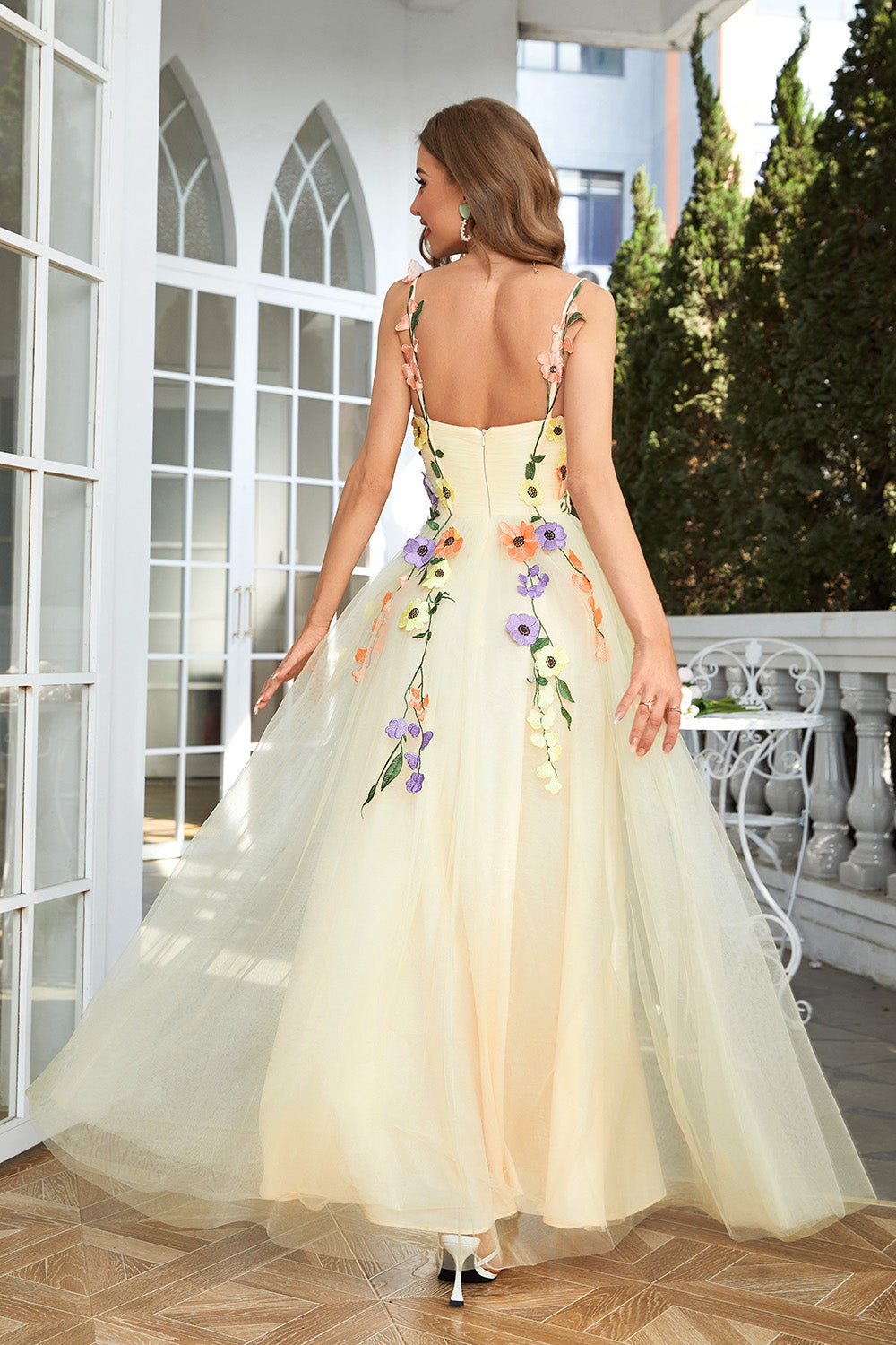 Green Spaghetti Straps Prom Dress With 3D Flowers