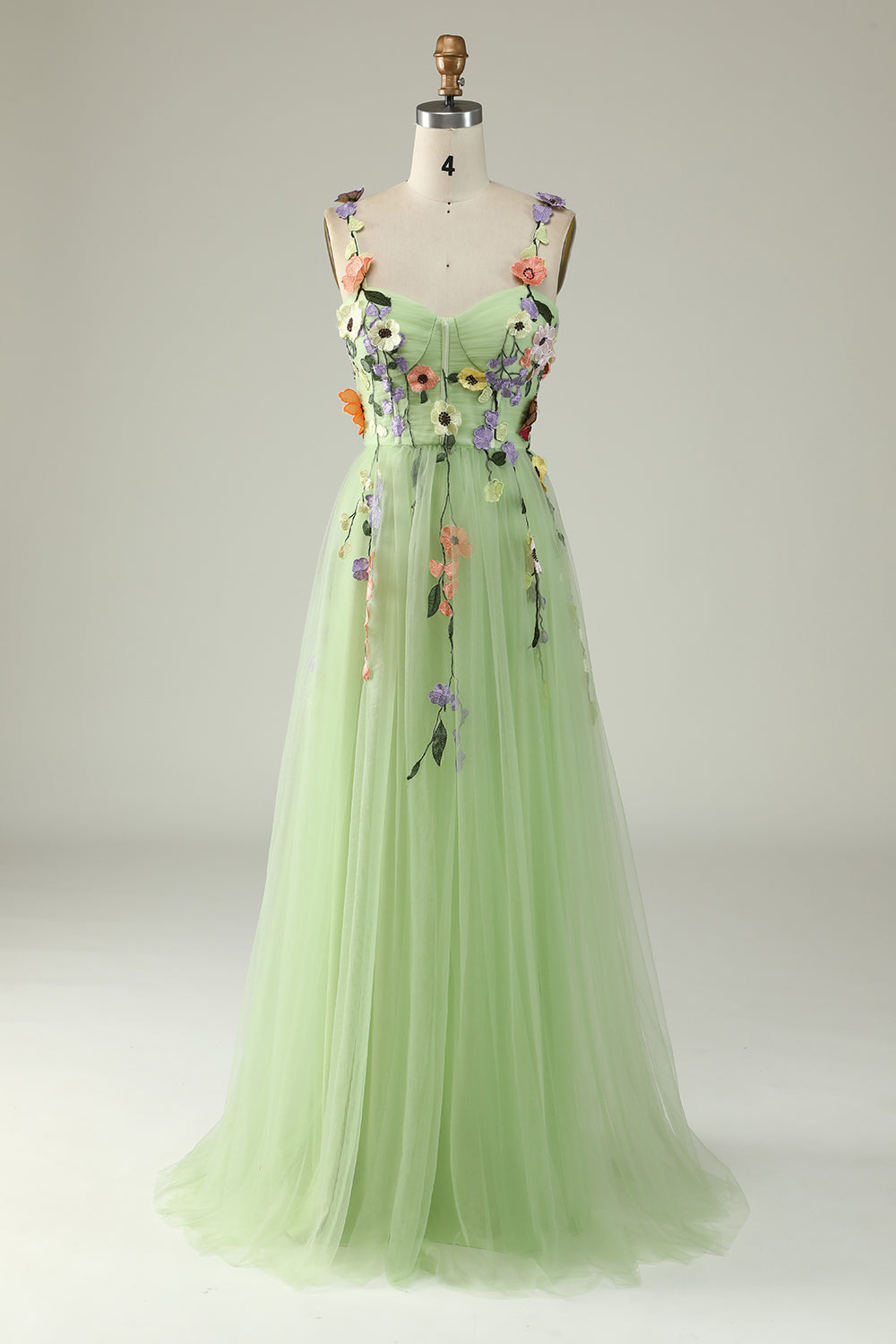 Robe de bal en satin champagne à fines bretelles avec fleurs 3D