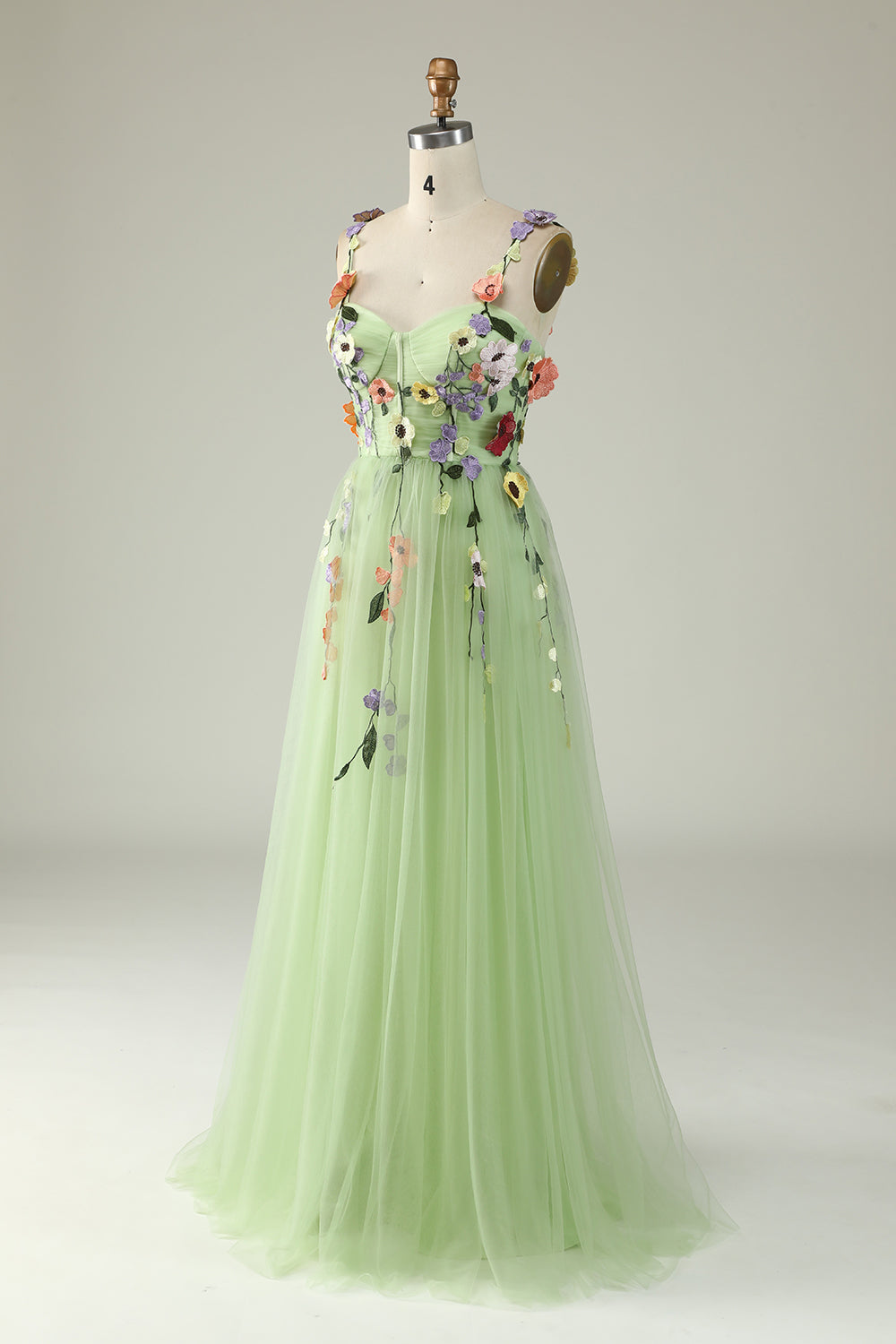 Robe de bal en satin champagne à fines bretelles avec fleurs 3D