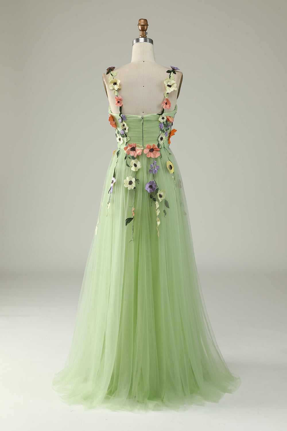 Robe de bal en satin champagne à fines bretelles avec fleurs 3D