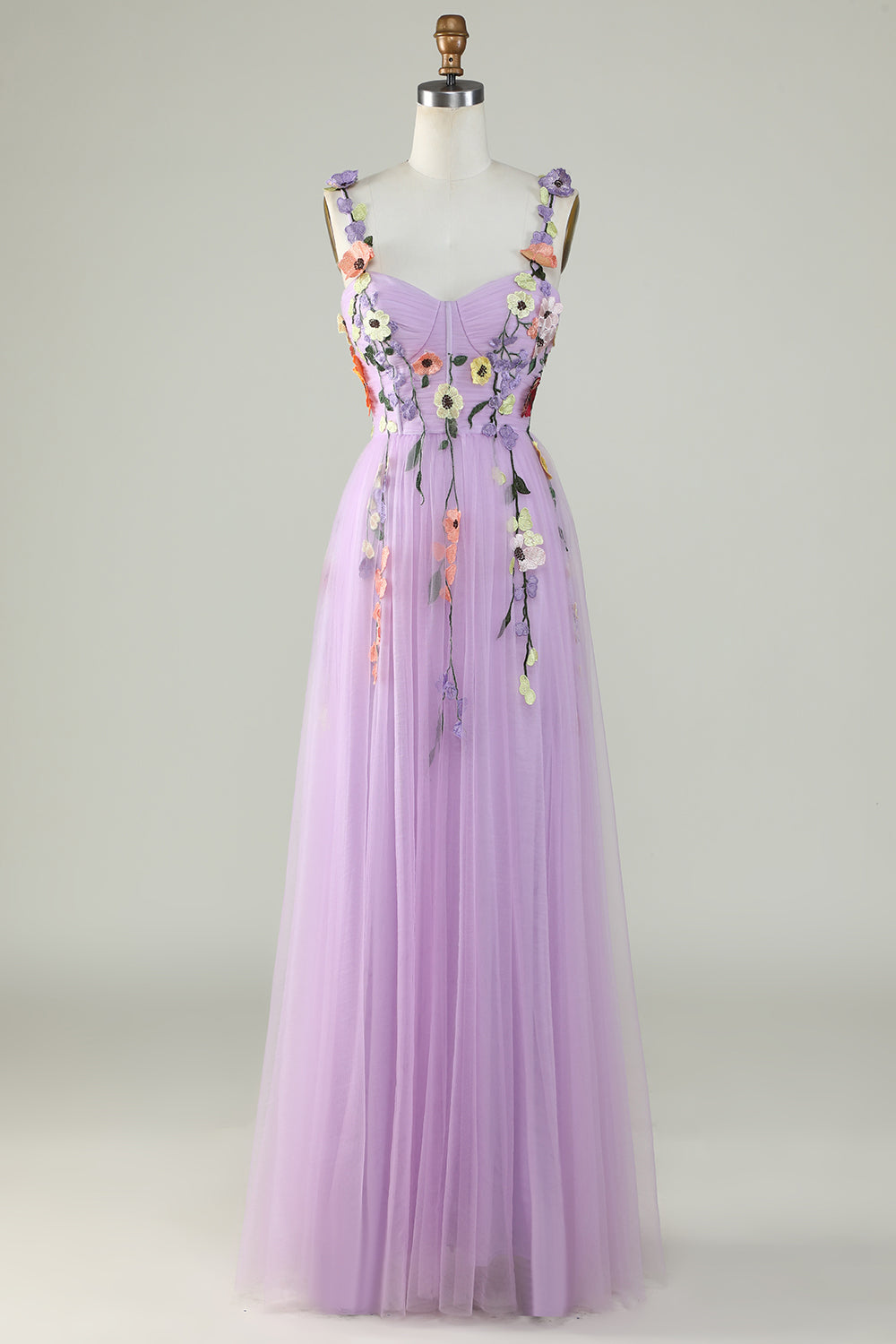 Robe de bal en satin champagne à fines bretelles avec fleurs 3D