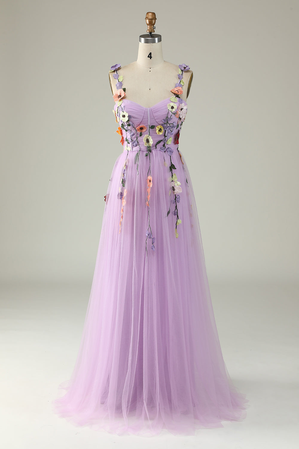 Robe de bal couleur champagne à fines bretelles avec fleurs 3D