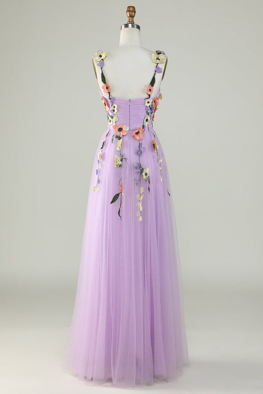 A Line Purple Spaghetti Straps Prom Dress With 3D Flowers