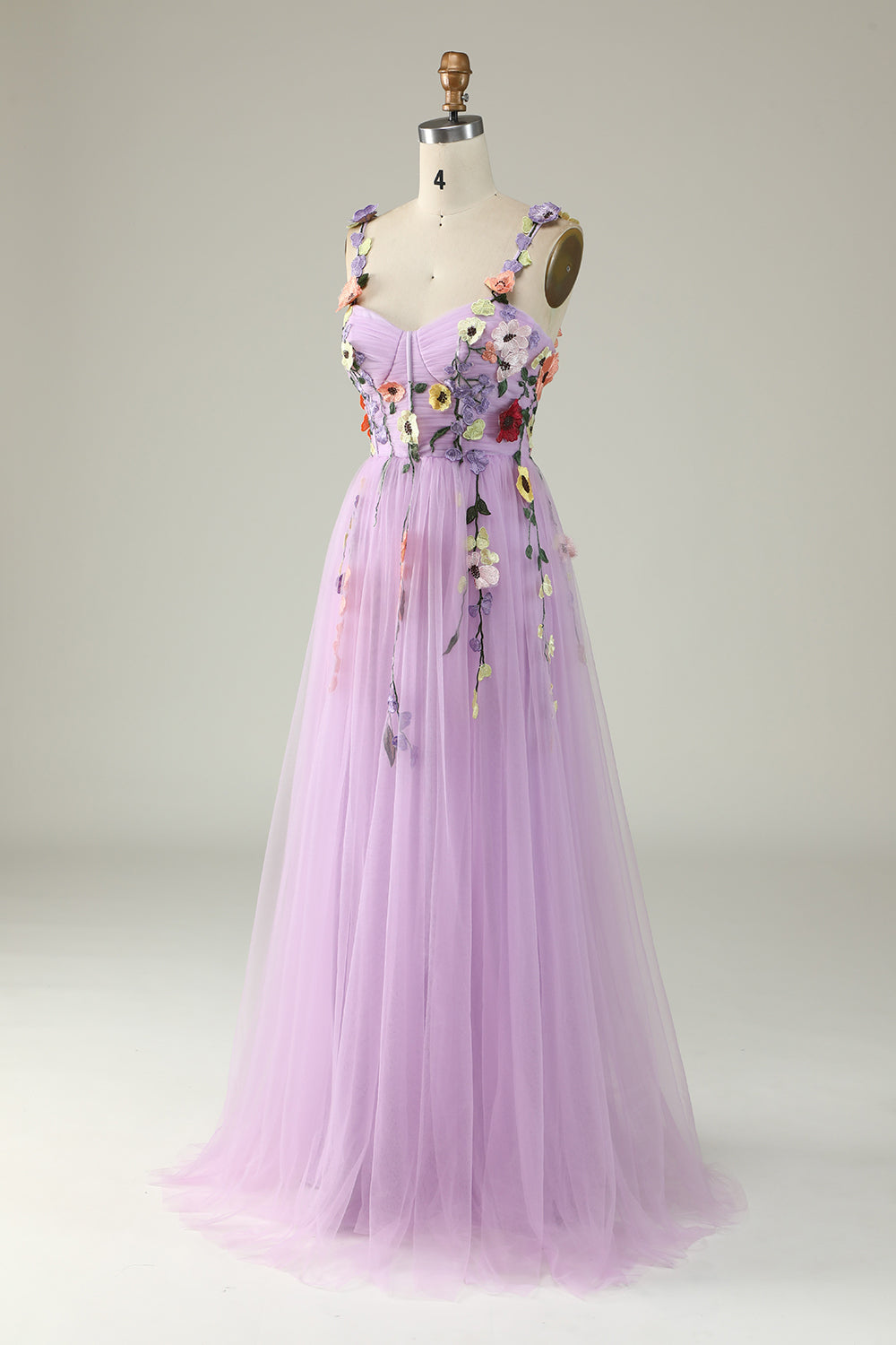 Robe de bal couleur champagne à fines bretelles avec fleurs 3D