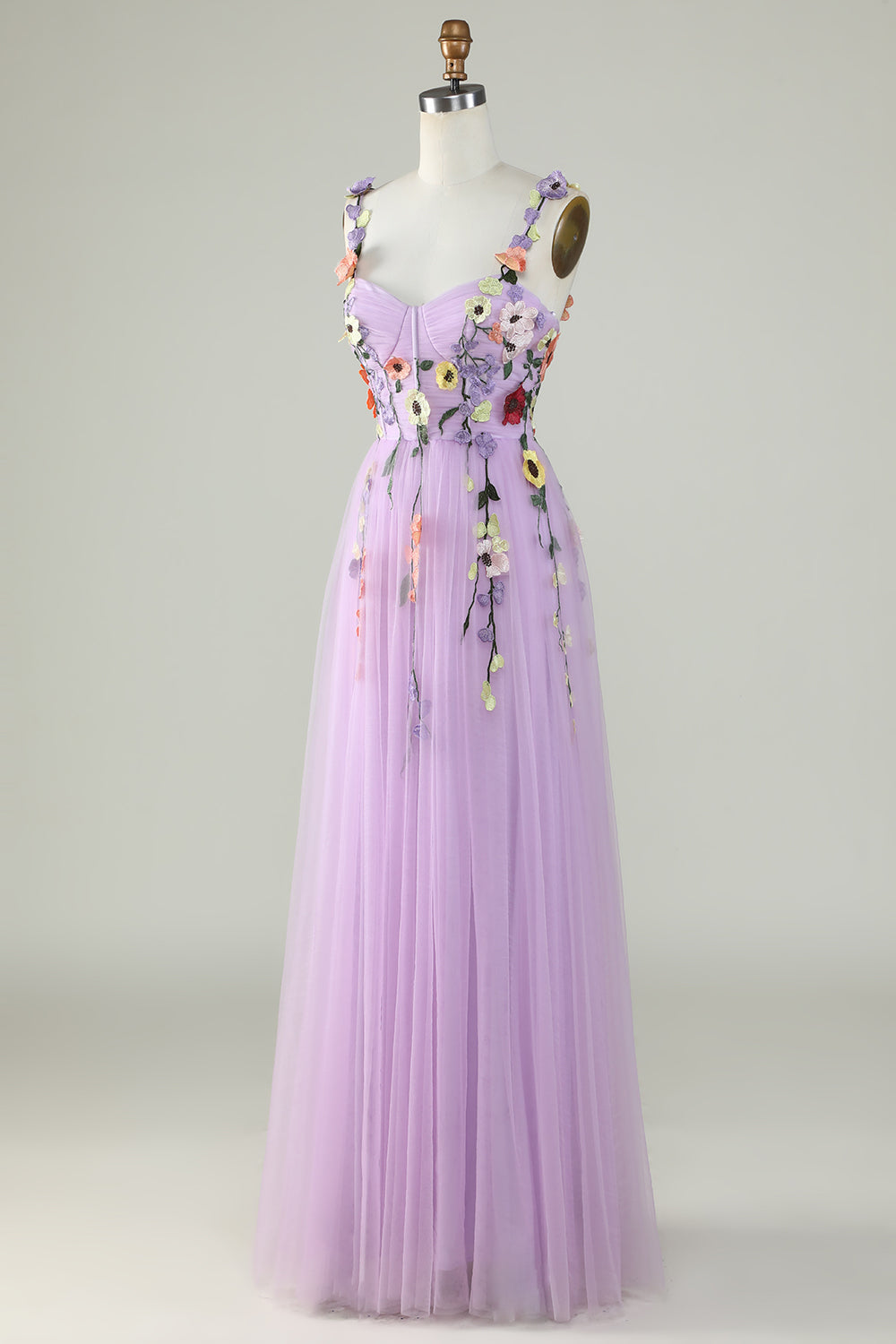 Robe de bal en satin champagne à fines bretelles avec fleurs 3D