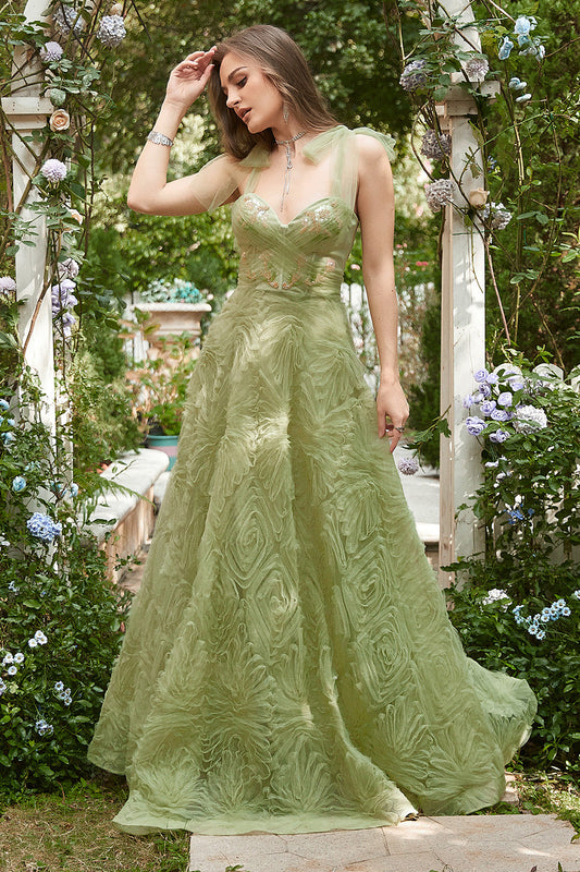 Vestido de Fiesta Largo con Bordado y Corte A Verde Claro