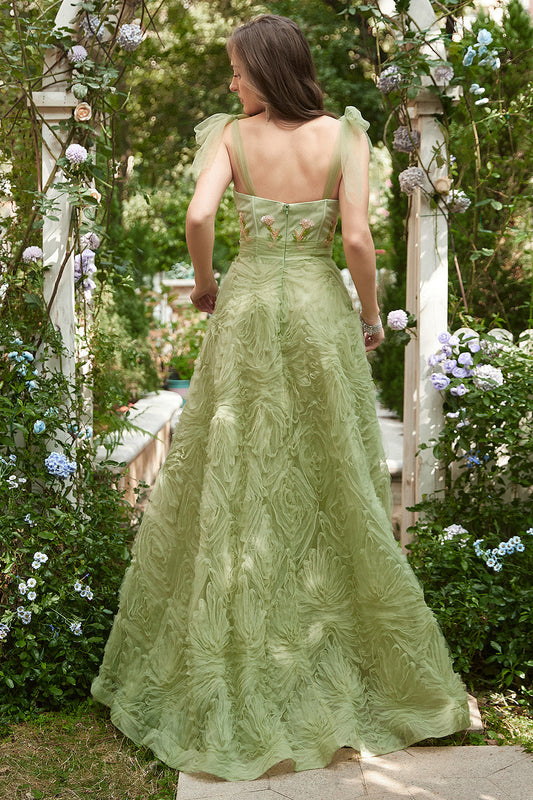 Vestido de Fiesta Largo con Bordado y Corte A Verde Claro