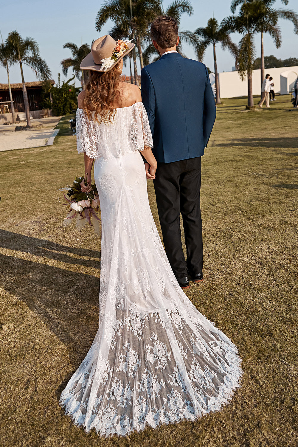 Ivory Mermaid Off-The-Shoulder Lace Boho Wedding Dress With Sweep Train