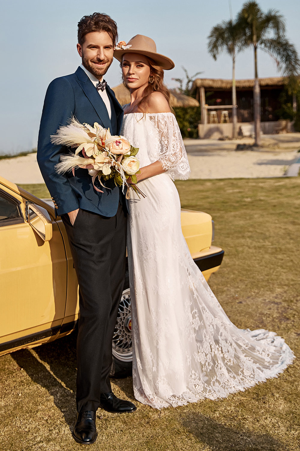 Ivory Mermaid Off-The-Shoulder Lace Boho Wedding Dress With Sweep Train