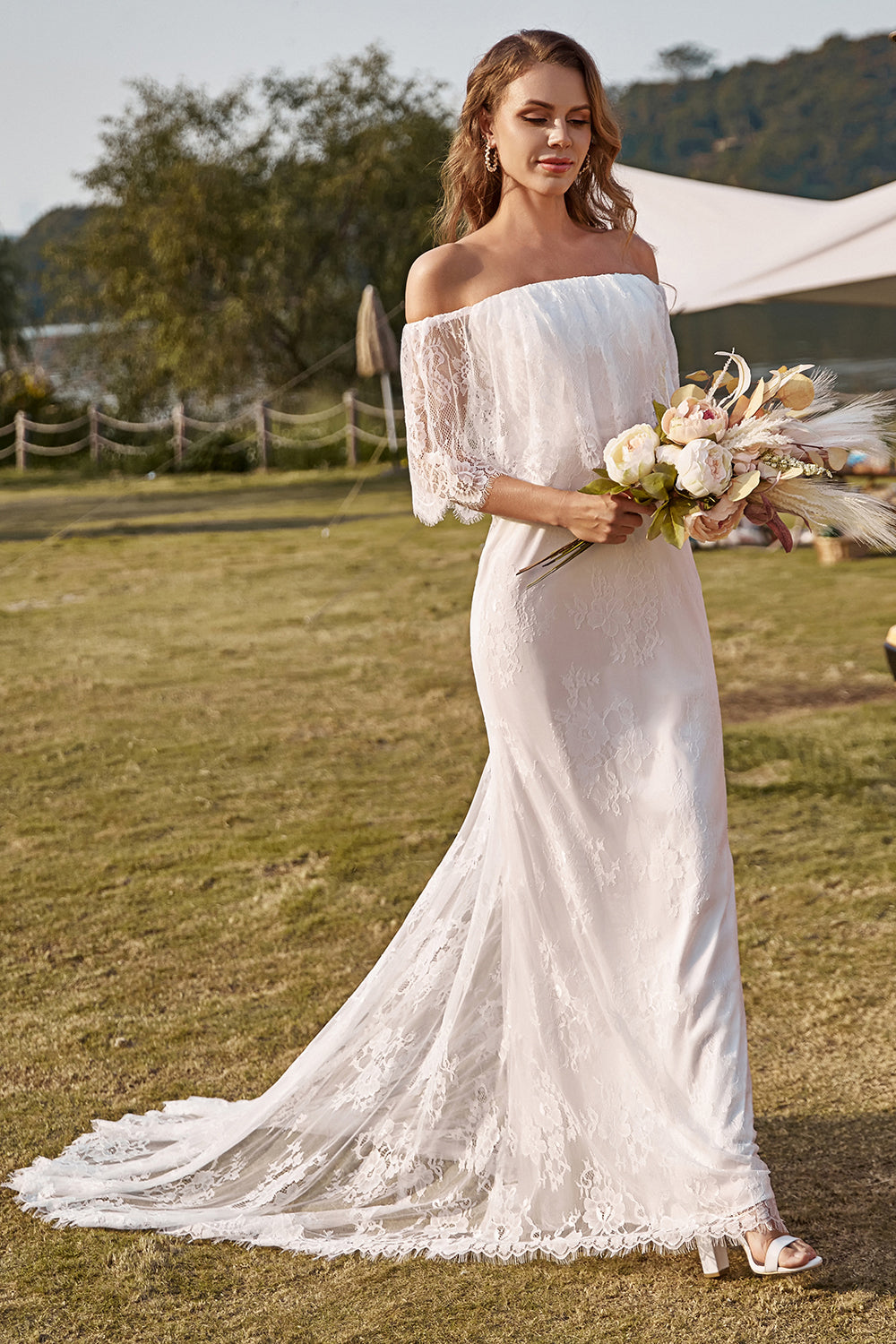 Ivory Mermaid Off-The-Shoulder Lace Boho Wedding Dress With Sweep Train
