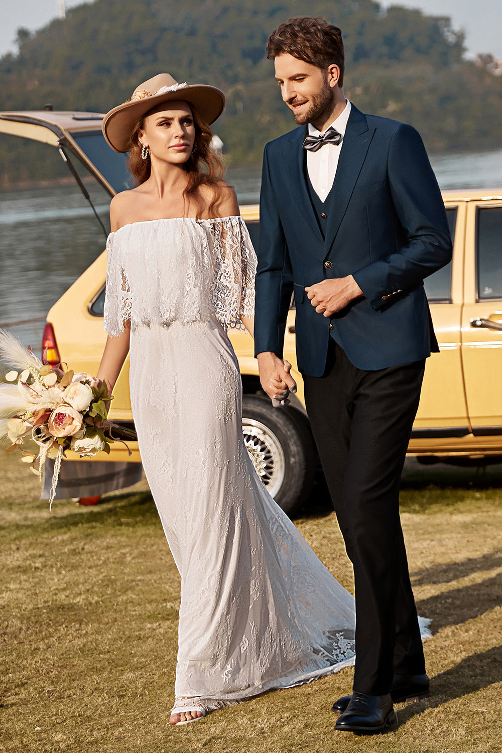 Ivory Mermaid Off-The-Shoulder Lace Boho Wedding Dress With Sweep Train