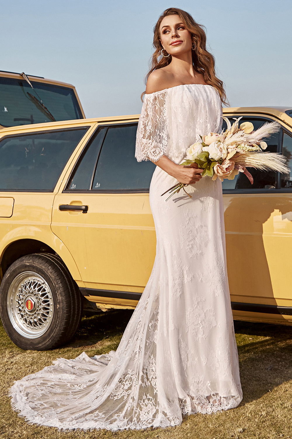 Ivory Mermaid Off-The-Shoulder Lace Boho Wedding Dress With Sweep Train