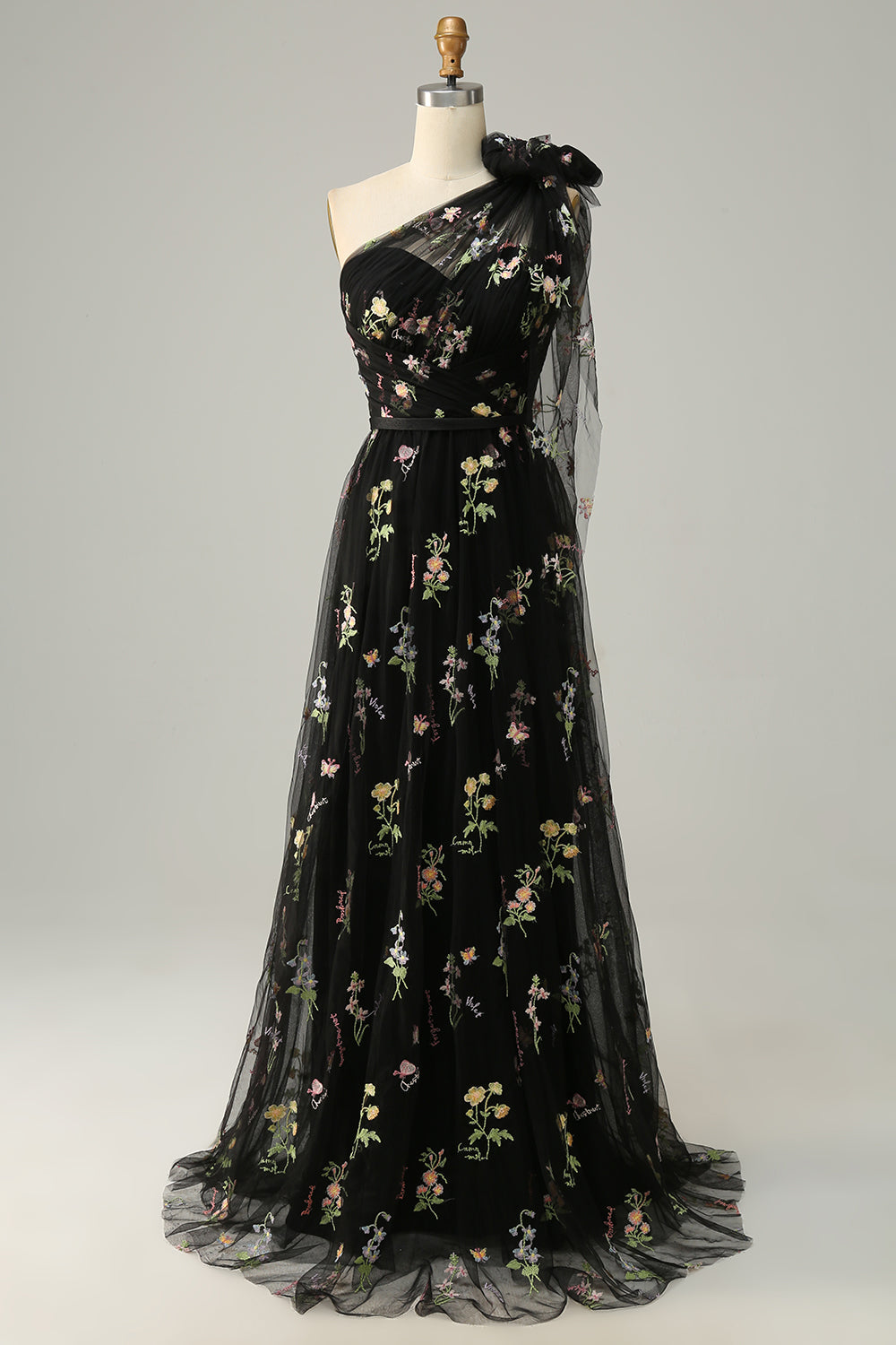 Robe de bal longue verte asymétrique à broderies, coupe évasée