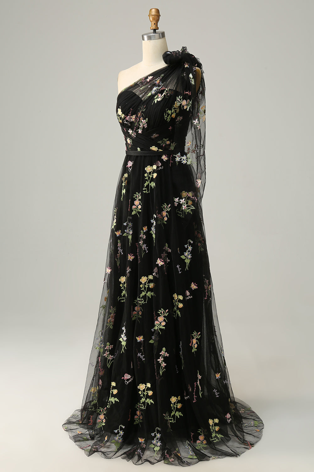 Robe de bal longue verte asymétrique à broderies, coupe évasée