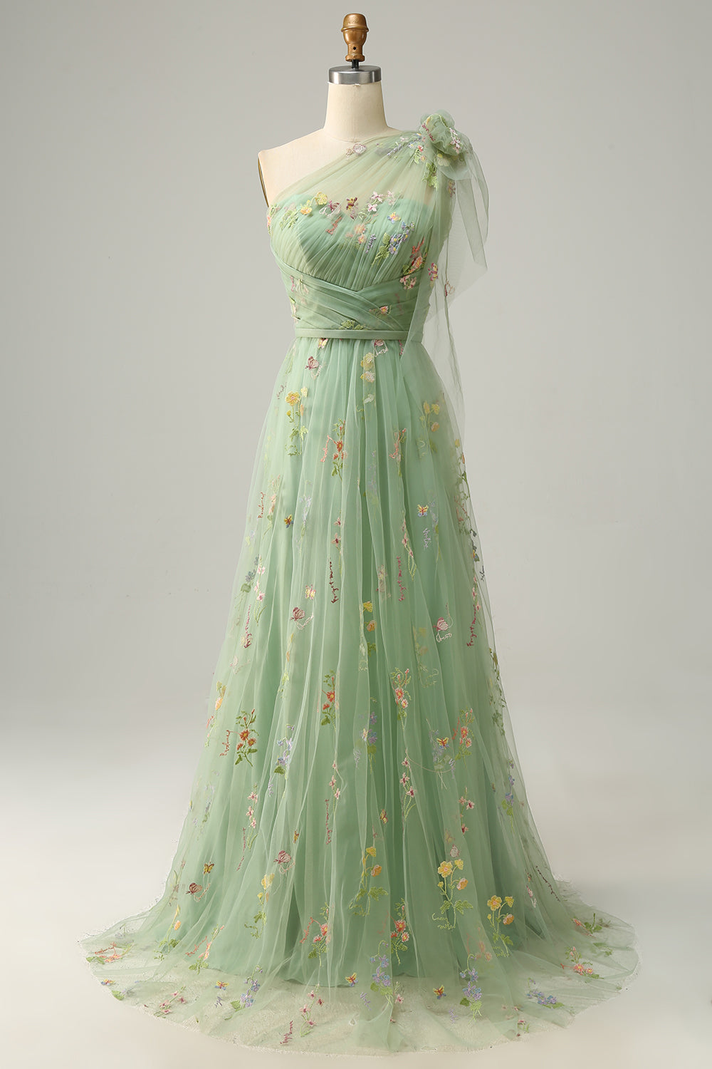 Robe de bal longue verte asymétrique à broderies, coupe évasée
