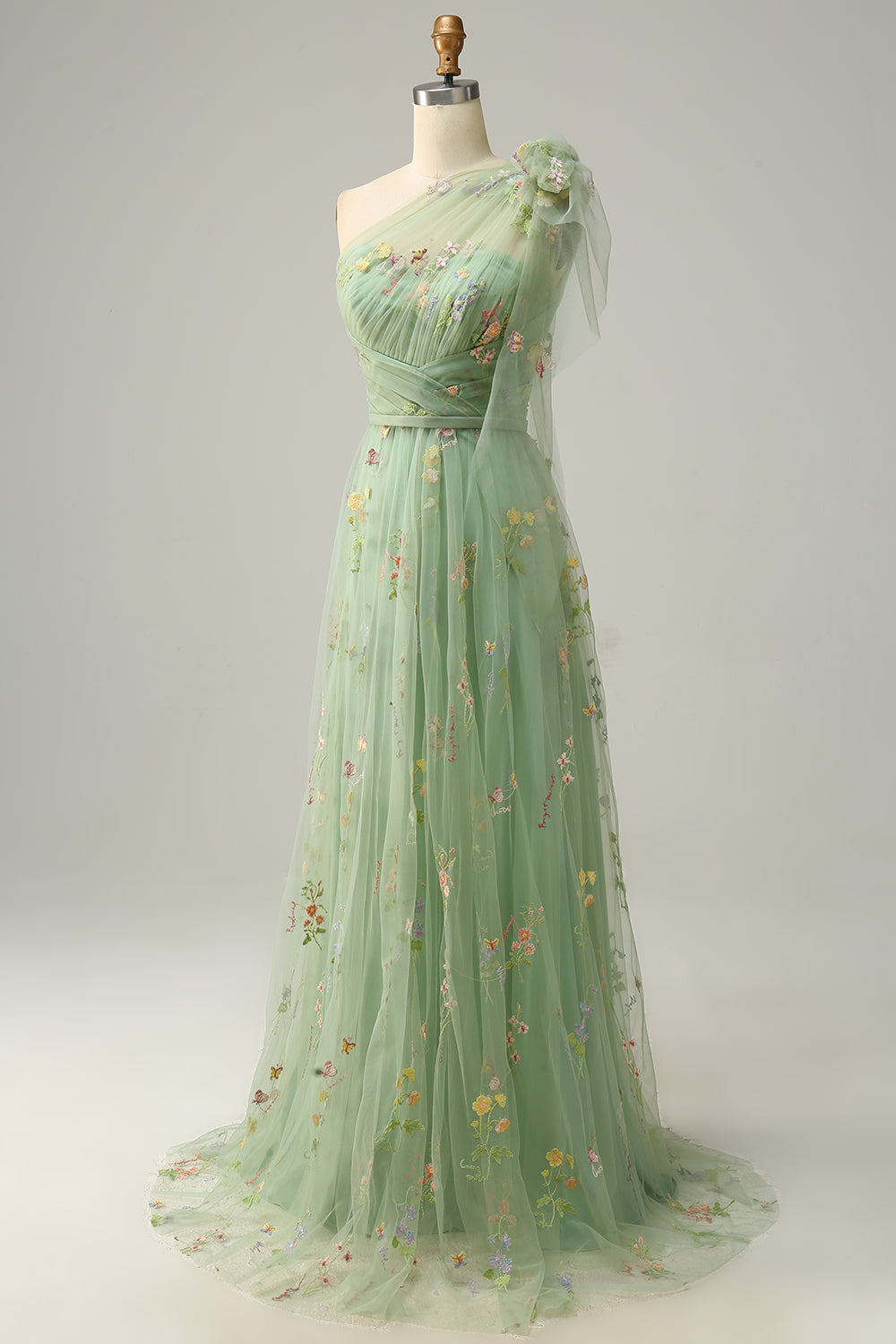 Robe de bal longue verte asymétrique à broderies, coupe évasée