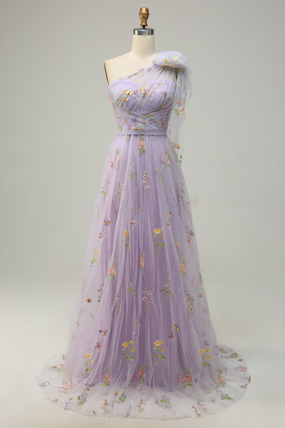 Robe de bal longue verte asymétrique à broderies, coupe évasée