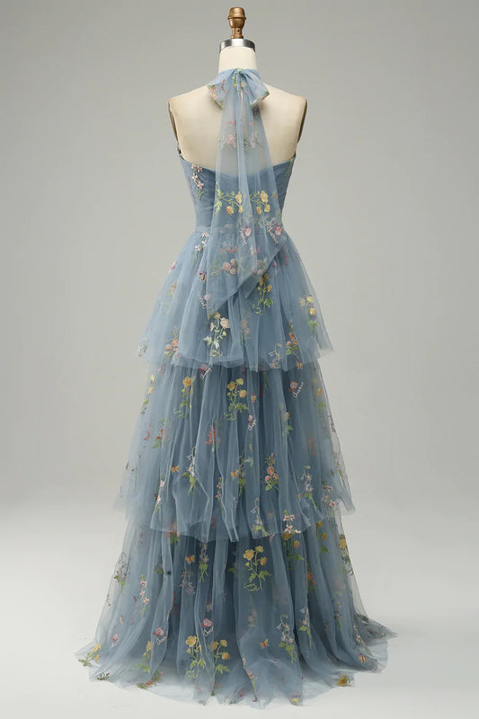 Halter A-Line Tulle Prom Dress with Embroidery