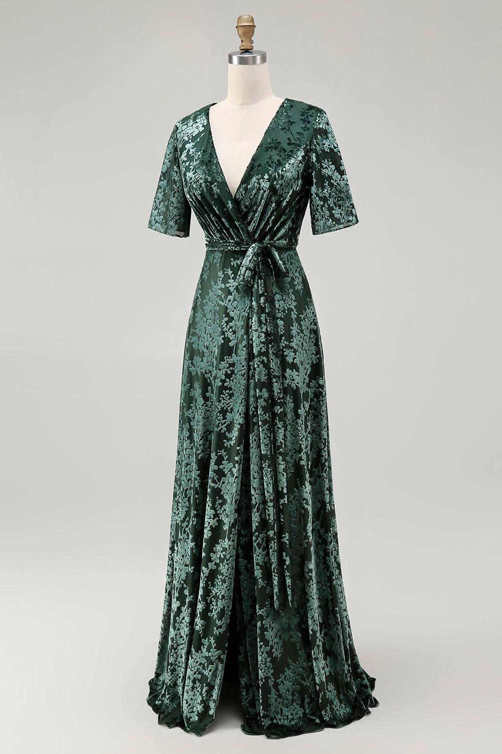 Dark Green A Line Burnout Velvet Long Prom Dress with Short Sleeves