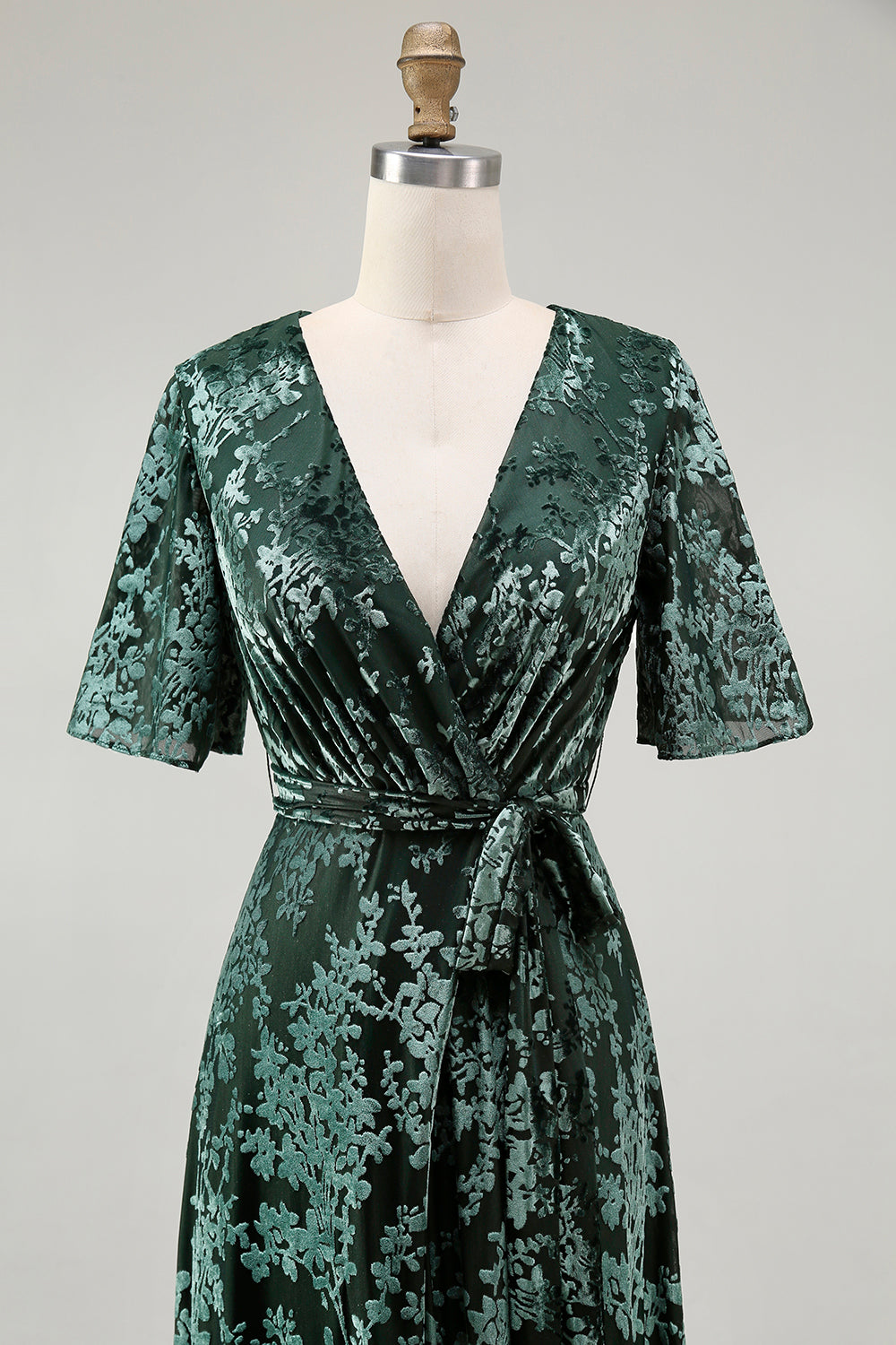 Dark Green A Line Burnout Velvet Long Prom Dress with Short Sleeves