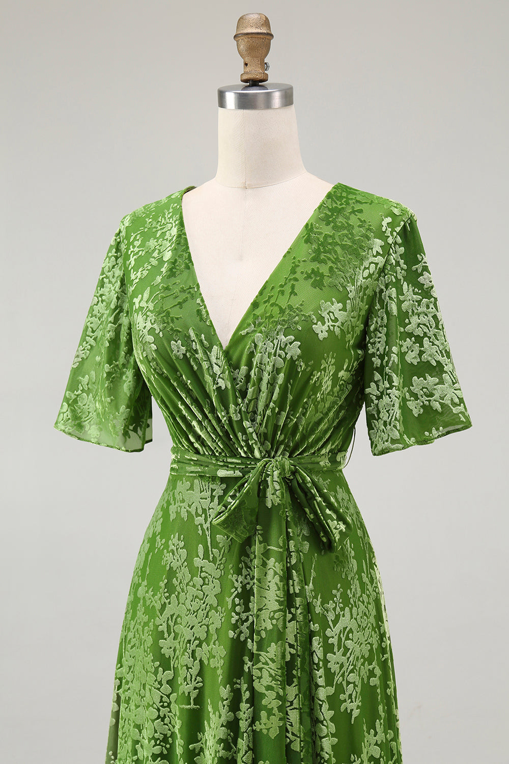Dark Green A Line Burnout Velvet Long Prom Dress with Short Sleeves