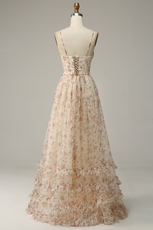 Apricot A-Line Print Prom Dress with Slit