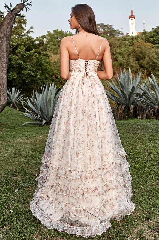 A-Line Spaghetti Strap Apricot Print Prom Dress with Slit