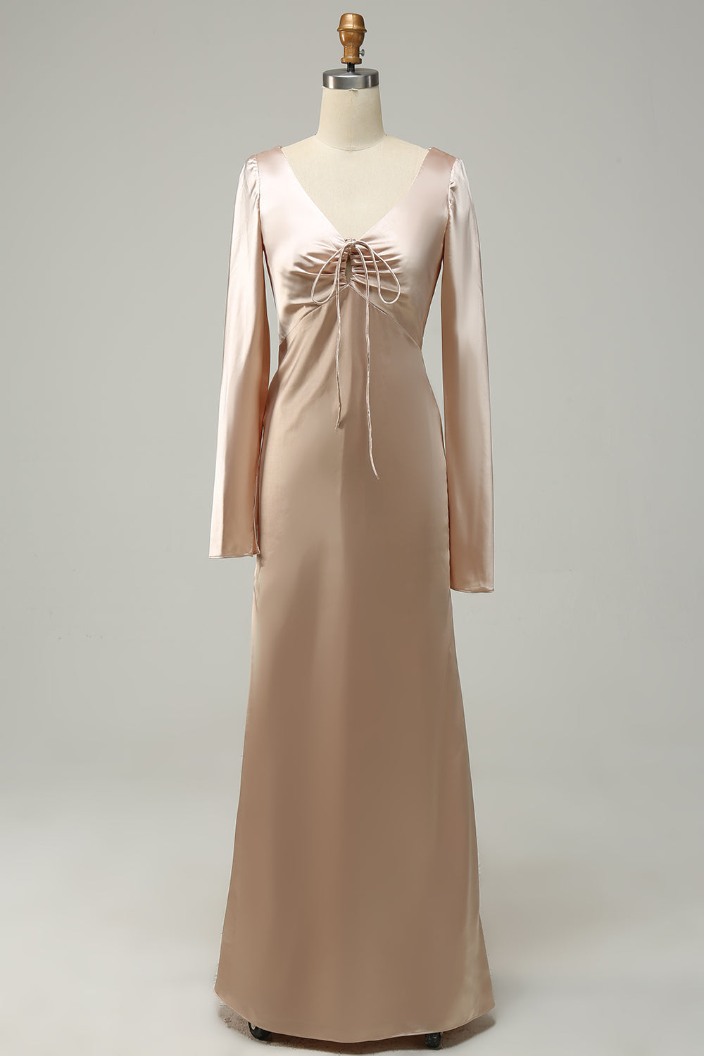 Robe longue de demoiselle d'honneur champagne col en V avec manches