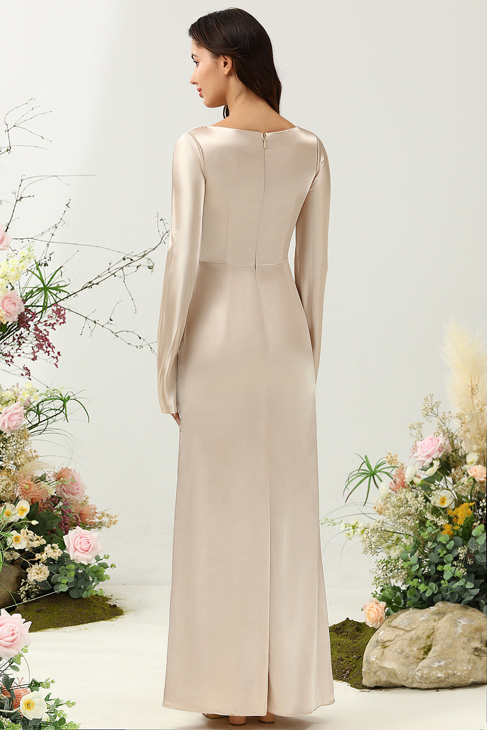 Robe longue de demoiselle d'honneur champagne col en V avec manches
