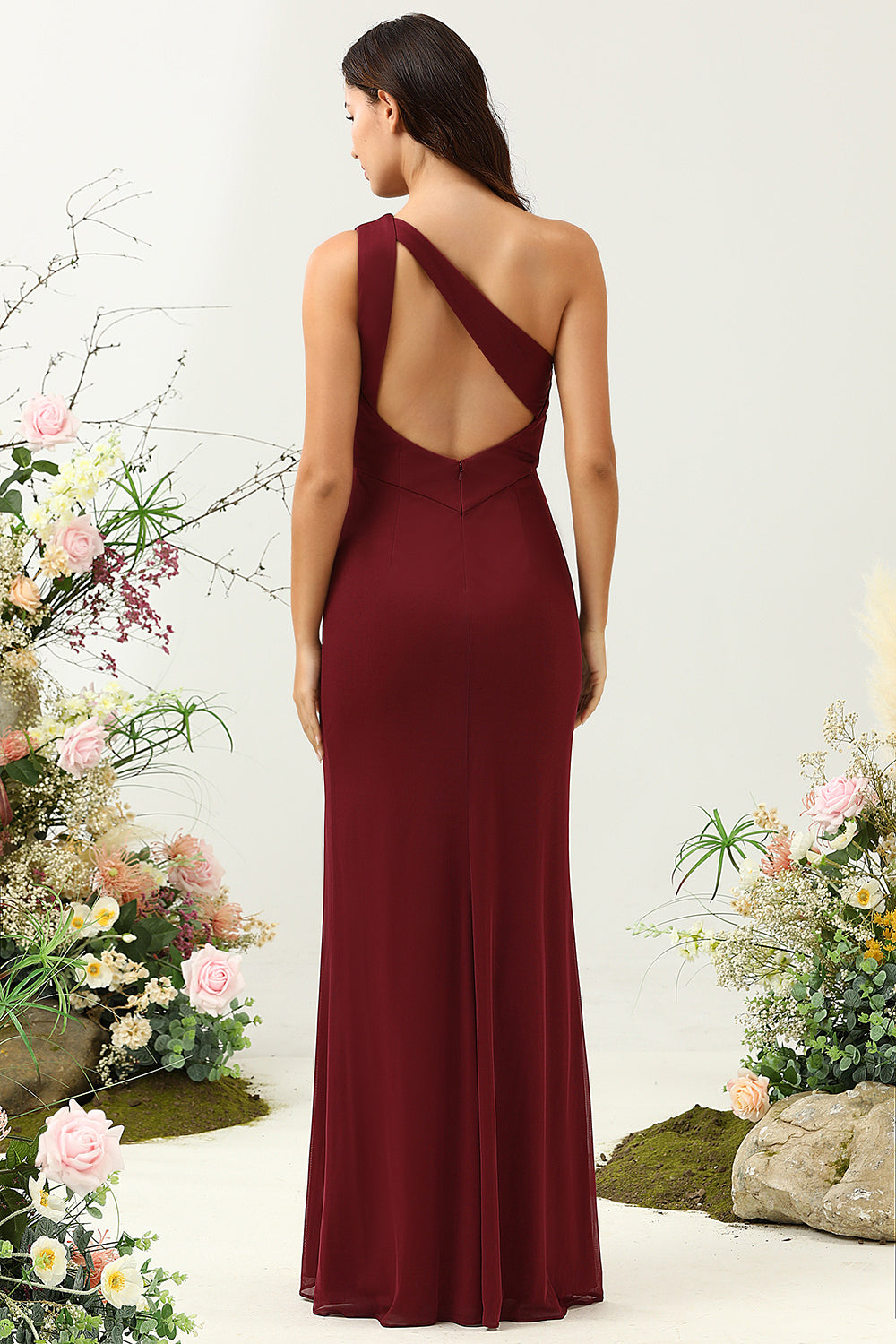 Robe longue de demoiselle d'honneur fendue « Rose du désert » à épaule unique