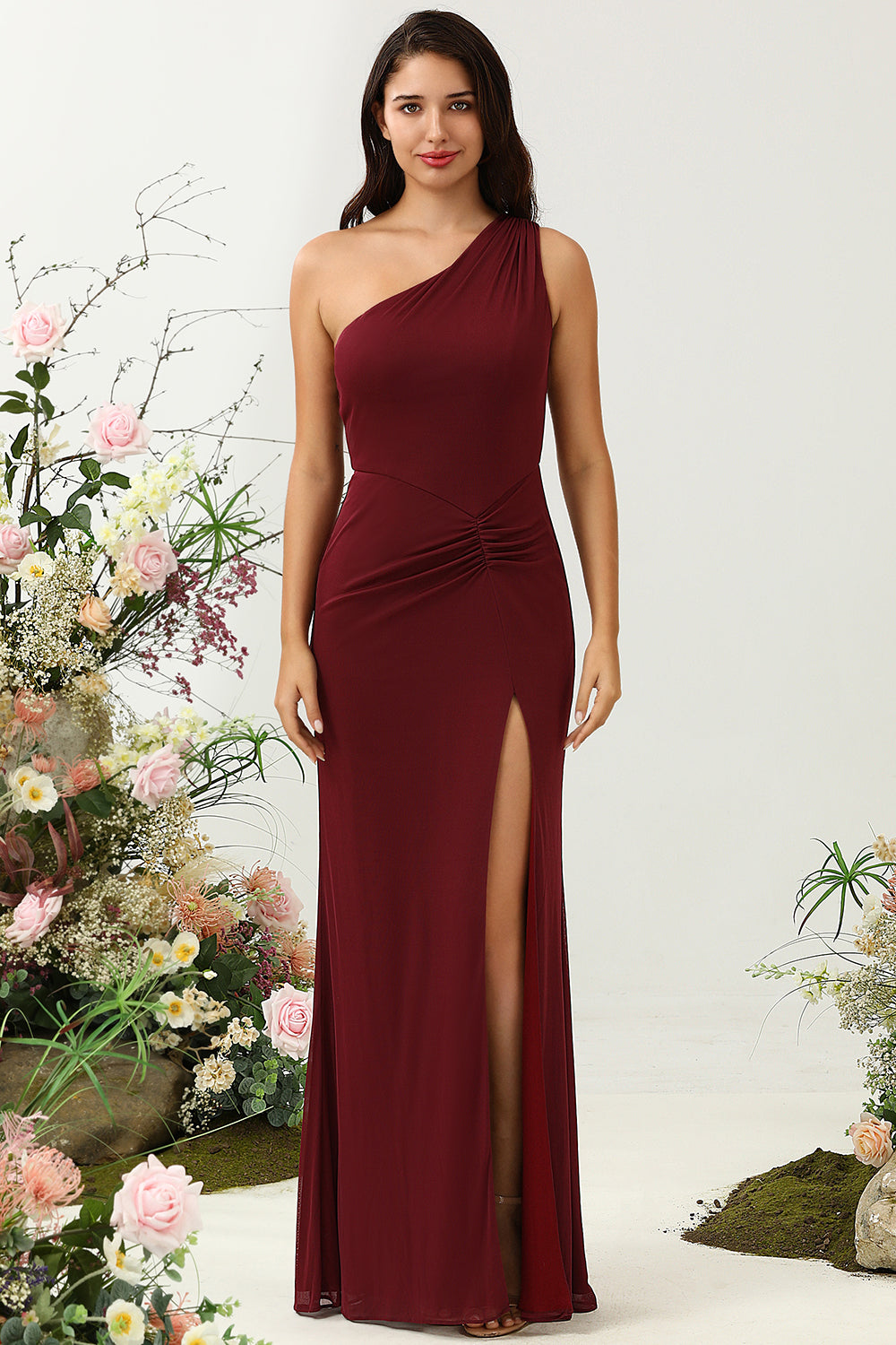 Robe longue de demoiselle d'honneur fendue « Rose du désert » à épaule unique