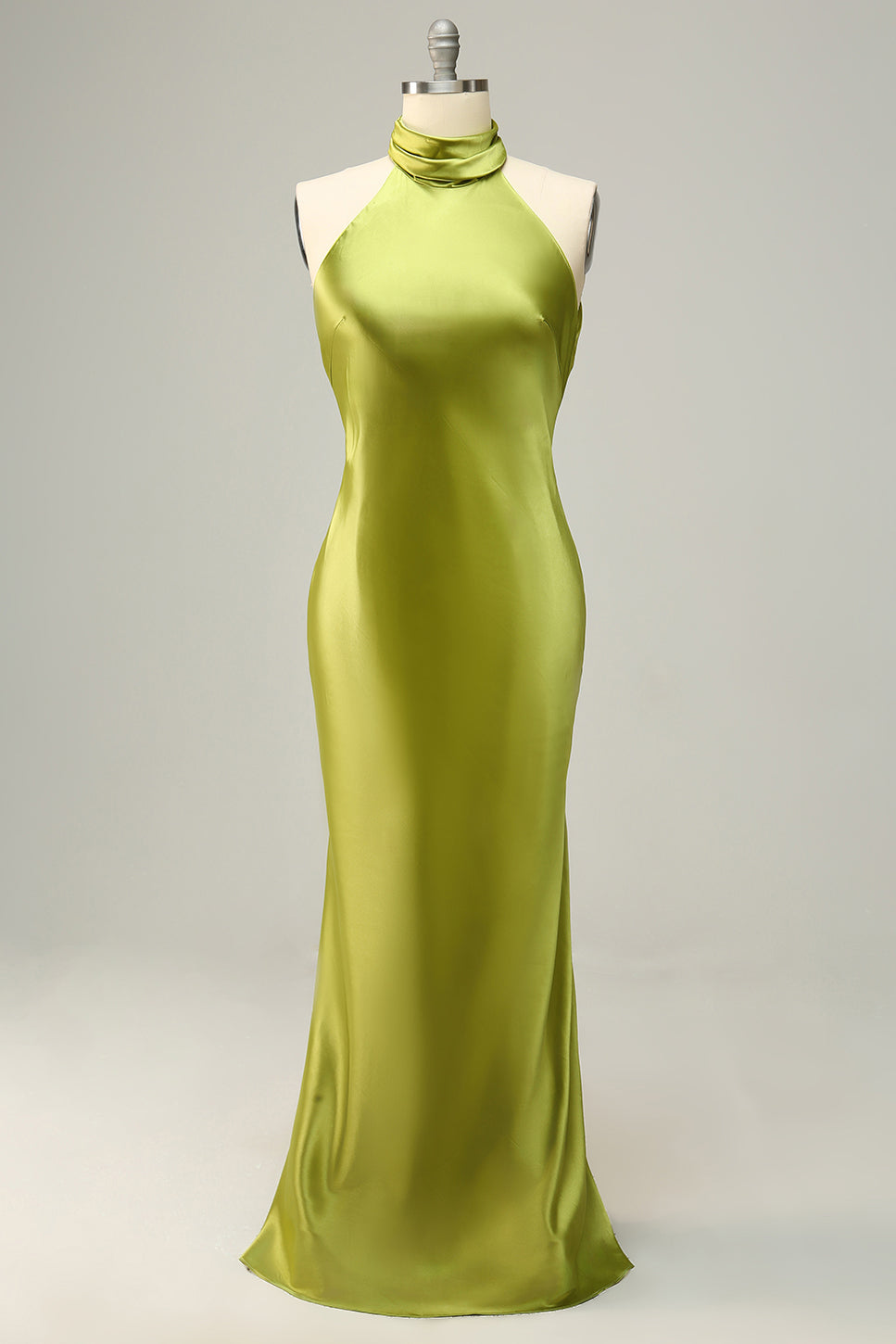 Robe longue de demoiselle d'honneur vert citron dos nu à licou