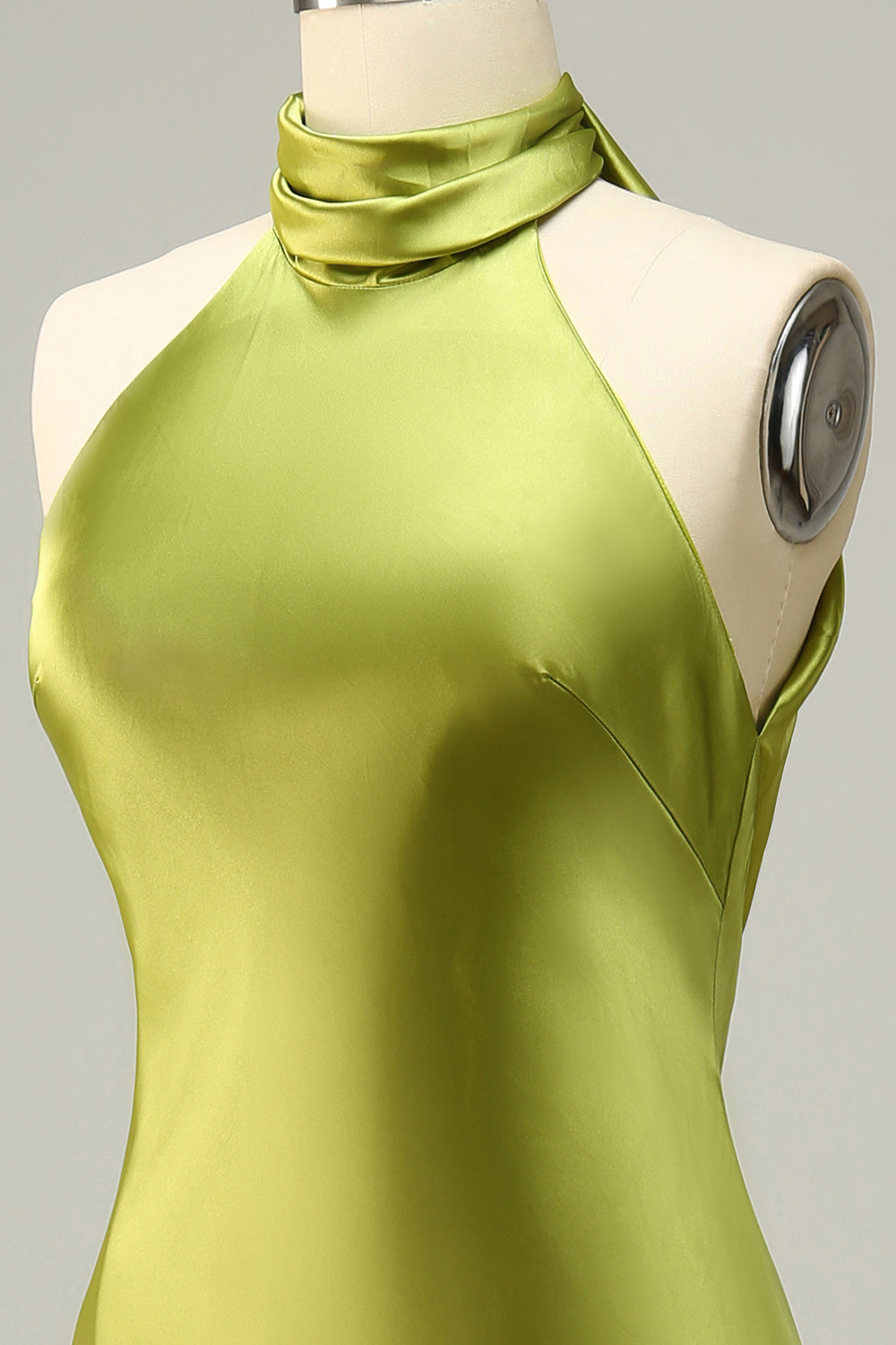 Robe longue de demoiselle d'honneur vert citron dos nu à licou