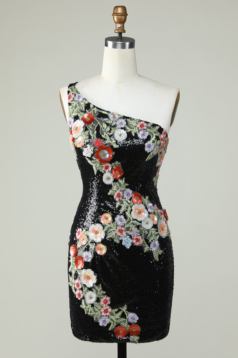 Robe de bal asymétrique noire à sequins et perles