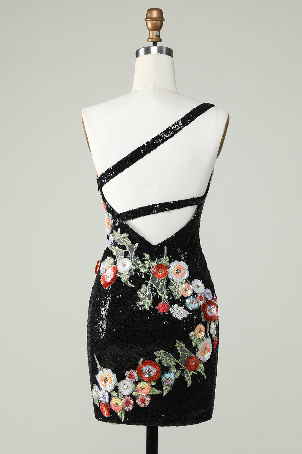 Robe de bal asymétrique noire à sequins et perles