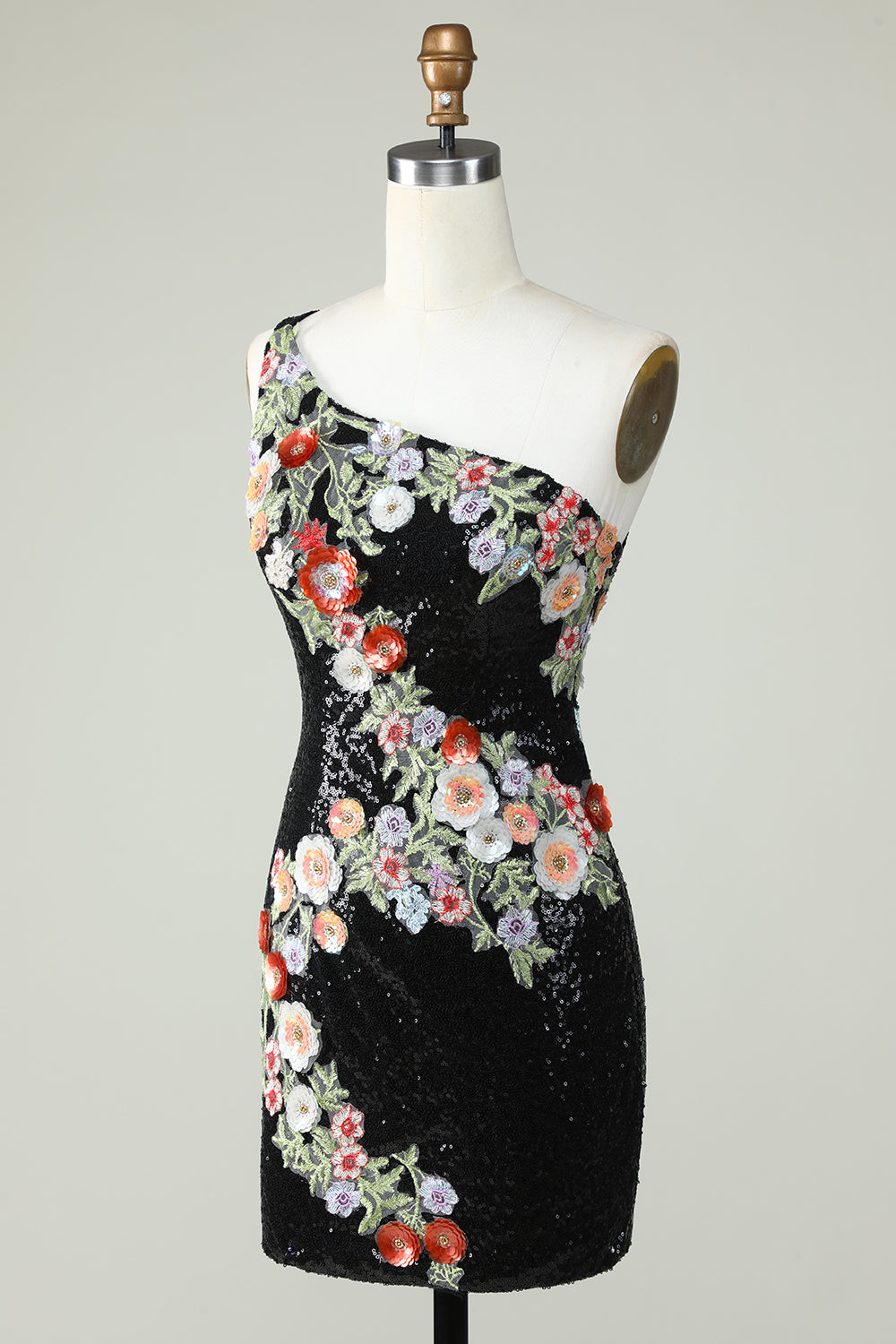 Robe de bal asymétrique noire à sequins et perles