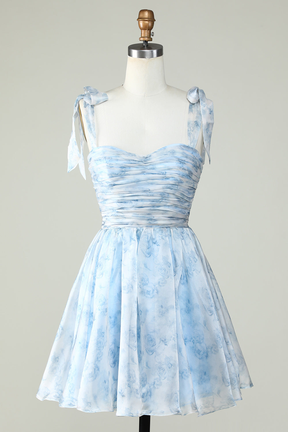 Robe de bal de fin d'année bleue trapèze à fines bretelles