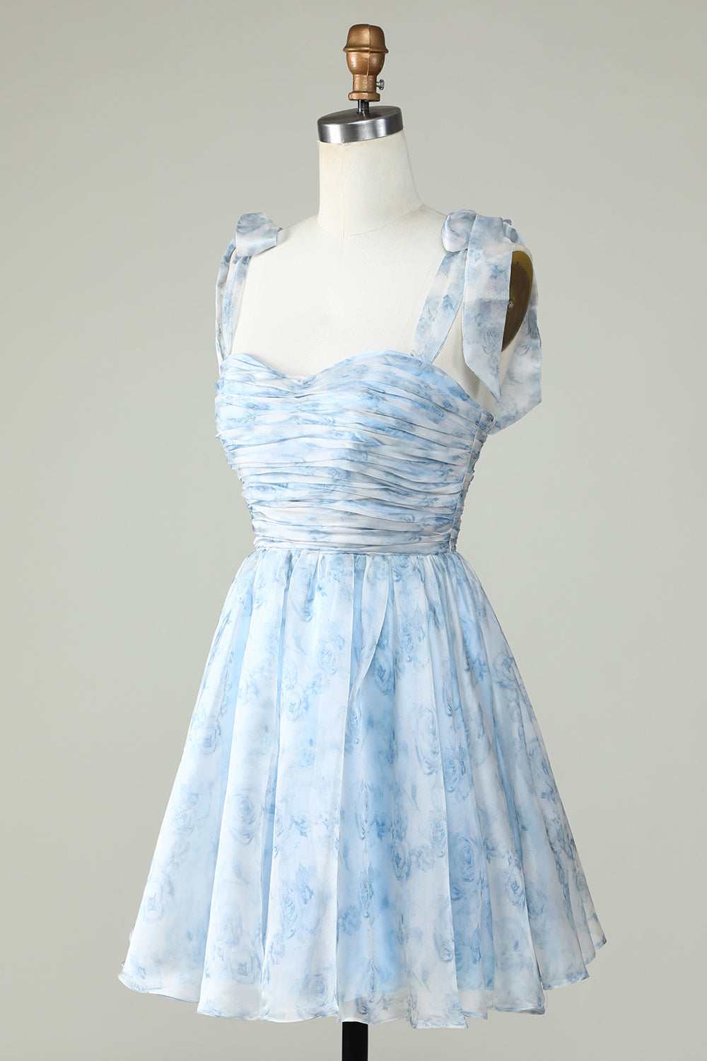 Robe de bal de fin d'année bleue trapèze à fines bretelles