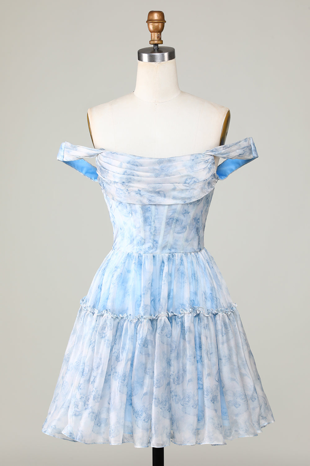 Robe de bal de fin d'études courte à imprimé bleu, coupe trapèze mignonne, épaules dénudées et volants