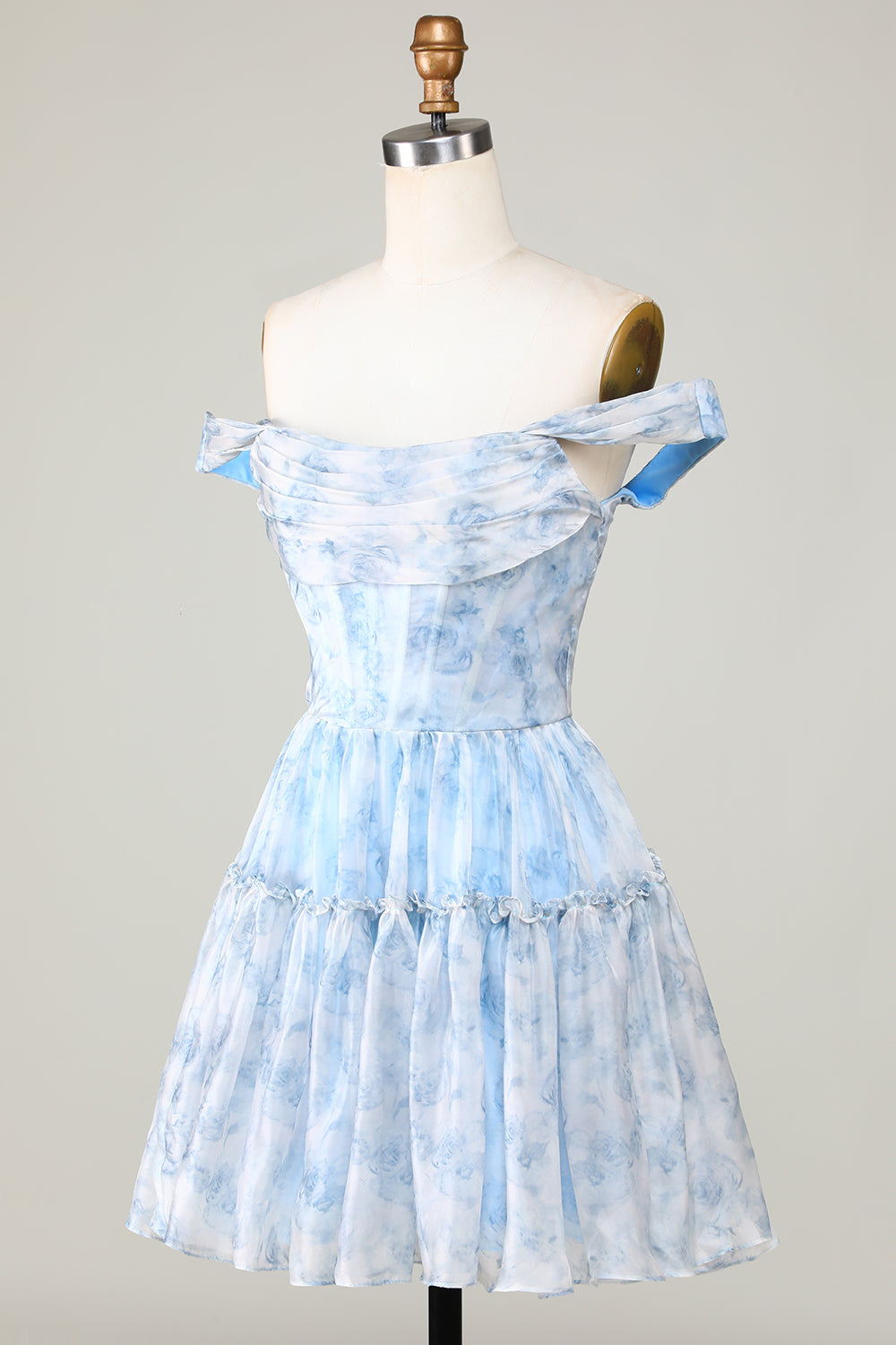 Robe de bal de fin d'études courte à imprimé bleu, coupe trapèze mignonne, épaules dénudées et volants